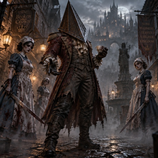 Silent Hill with pyramid head and the nurses with an Alice and wonderland spin with mad hatter as pyramid head