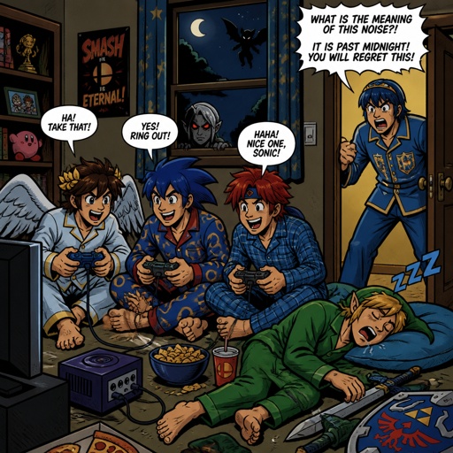 Super smash brothers link from legend of Zelda, pit from kid Icarus, and sonic the hedgehog as a human,Marth from fire emblem,Roy from fire emblem, Roy pit and human sonic all in pjs playing a video game in the living room on the floor laughing and being loud in the middle of the night, link past out snoring, and Marth coming into the living room wearing pjs yelling at them saying “it’s 4 o’clock in the morning go to bed!” Then Roy says back to Marth “ come on Marth it’s a sleep over we’re just in joying it as much as possible, put headphones on if it’s that bad” Marth looks at Roy with a very angry face,there is dark link peaking through the window and a shadow of rouge the bat from sonic flying far off in the background 