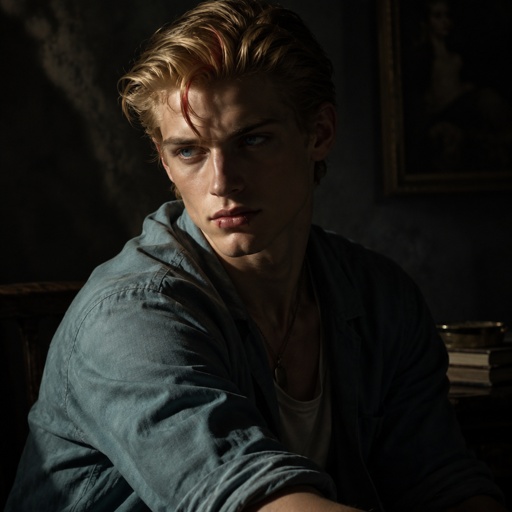 Male, blonde greased brushed back hair, curl on forehead, red streak in hair, scar on lip, blue eyes, slim, designer, cyan casual clothes,