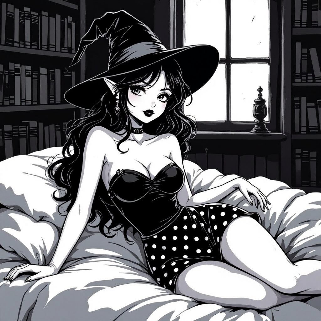 Dark Brunette Elf Witch Librariani with With Hat. Strapless Bathing Suit Top and Black and white Polka Dot Mini Pencil Skirt laying on Library Bed