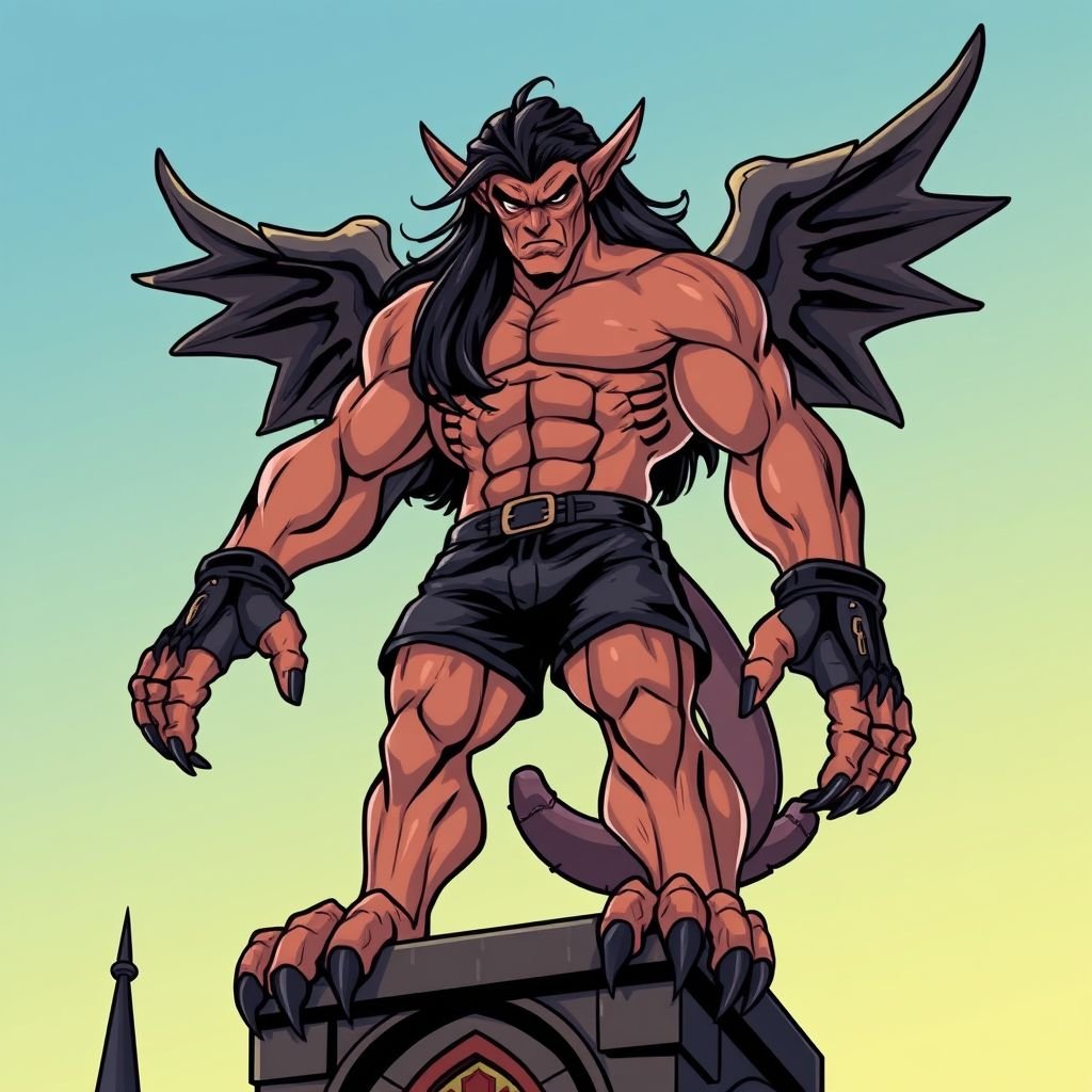 gargoyle with strong muscles long black hair with big feet and he only has 4 fingers on both hands he has black shorts on with black gauntlets around his fist