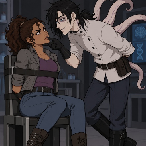 Female, tan skin, brown eyes, pointy nose, curly ponytail, curl in the middle of her forehead, grey jacket rolled up sleeves, jeans, boots, purple shirt, gloves, tied up, Male, black messy greasy hair, thin shoulder length hair in the back, long hair in the front covering one eye, blue eyes, eye bags, veins under eyes, pale tendrils coming out of back with veins, blue pants, boots, black rubber gloves, short scientist jacket buttoned up, belt with pouch, evil smile, flirting