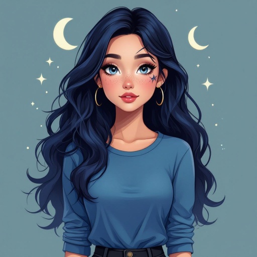 She has waist length hair. Her hair is dark blue fading into black. She has star freckles and eyebrow scar on her right eyebrow side closest to her nose she has a crescent moon birth mark behind her left ear close to the ear lobe. Her eyes are a smoky grey she is 4’8. She has a blue long sleeve shirt with black pants