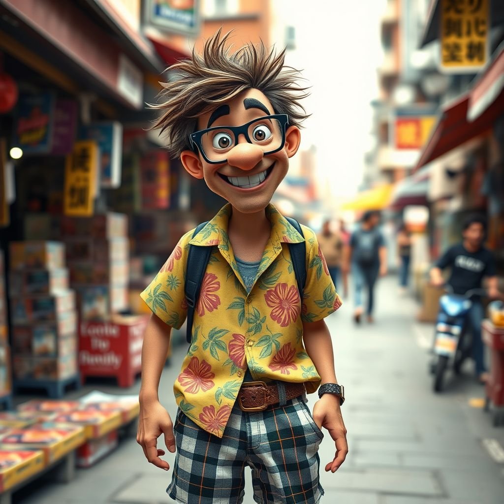 create a guy name bootleg who sellers dvd’s for movies that are fake dvds. Make him funny looking. And make sure the image shows him head to toe like his whole outfit
