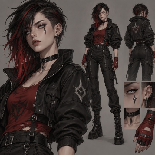 Female, black hair red streaks, messy hair, one side medium length other side short hair, white eyes, black spike under eye, ear piercings, choker, black jacket with puffed sleeves, red shirt, fingerless red gloves, cartoon style