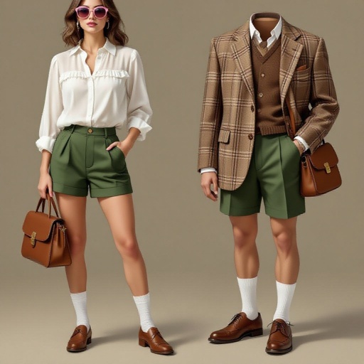 Top: A white, high-neck blouse with vertical ruffles along the bodice and a frilled collar. The fabric appears lightweight and slightly sheer, with delicate texture or lace-like striping. The long sleeves are cuffed at the wrists with matching frills, adding a touch of femininity.

Outerwear: A brown plaid blazer with a classic check pattern, loose fit, and rolled cuffs revealing the lining. The interior appears to have a muted red or dusty-rose inner lining, giving it a hint of color contrast.

Bottoms: High-waisted green shorts with a clean, tailored fit and cuffed hems. They fasten at the waist with a black belt and button, creating a neat, structured silhouette that balances the flowy blouse.

Accessories: She carries a small, square brown crossbody bag with a long strap and flap closure, simple but fashionable. Pink sunglasses rest atop her head, adding a lively pop of color and personality.

Footwear: Brown oxford-style shoes paired with short white socks, folded down neatly at the ankle. The combination gives a vintage-inspired, preppy feel.