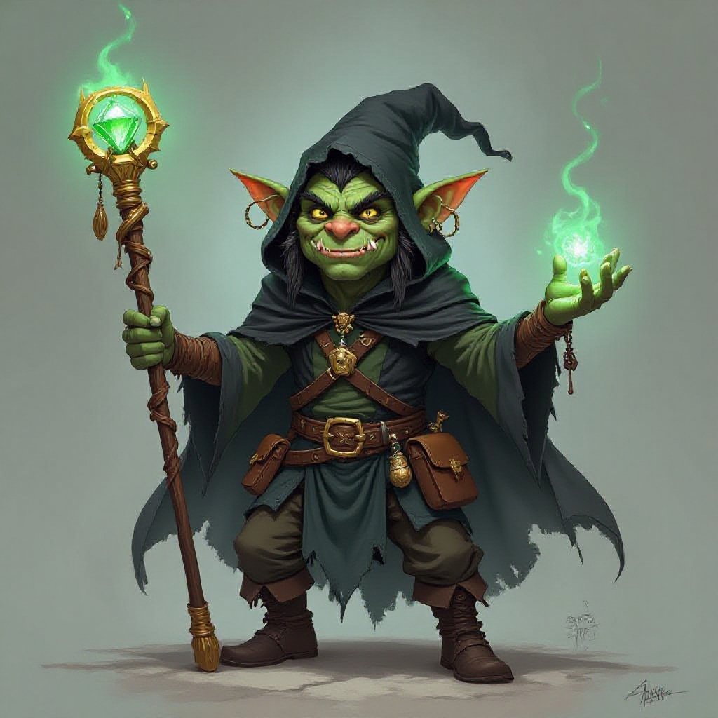 A slouching orc/goblin, with greenish-grey skin, black hair, nose ring piercings, he wears a tattered black hood and cape. He is a dark magician/sorcerer, although very amateur. He carries odd trinkets and things that may be used for magic or spells in his belt pouches. He wields a long straight golden staff, that goes above his head, and at the tip of this staff is a bright green emerald, encircled by a ring of gold. He is posing, unique to his character, about to cast a spell, he is a trickster, smiling.