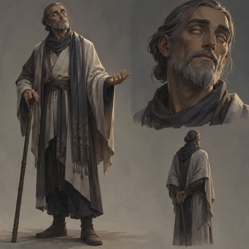 Full body, with multiple variations of Blind man, eyes that do not track. Clothes chosen by touch: good cloth, no logos. Head tilt before a click. Calm face. Faces Sarah a degree off and still has her. Reads as a teacher, not a villain. Fortiche painted, quiet authority.