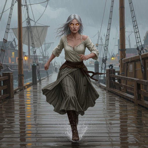 🎨 Render Prompt — Maerriss Nex “Flight on the Docks” (Pleated Skirt Revision)  A semi-realistic fantasy painting of Maerriss Nex, a Half-Drow (Half-Elf) woman inspired by Emma Watson, running across the wet docks of Eendood in the pouring rain. Her skin is light ash-gray with faint violet undertones, and her eyes glow pale molten-gold with gray sclera. Her white-silver hair is loose, tangled, and soaked by wind and rain, whipping behind her.  She wears a pale linen frilled blouse, visibly worn from her escape — the right shoulder seam torn, exposing only her collarbone, while the sleeves are dirt-stained, frayed, and ripped from catching on splintered docks.  Her slate-gray reed-weave skirt follows the high-waisted, thigh-length pleated design from the reference: structured waistband, deep vertical pleats, and natural motion as she runs. The skirt is wet, heavy, and frayed at the edges with small tears at the hem.  Her white thigh-high stockings are muddy and torn at one knee. She is missing her left boot, revealing a bare, wet, muddy foot, while her right boot remains laced, scuffed, and soaked.  Rain glistens on the wooden planks beneath her as brass lanterns cast warm reflections across the puddles and fog. Her expression is fierce and determined, caught mid-stride, her blouse and skirt flaring with the motion, the storm wind and lantern glow giving the scene cinematic energy and realism.   Run it