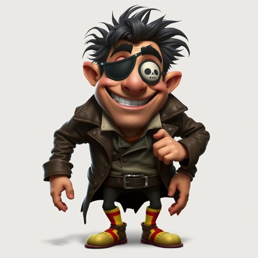 Create a funny adult guy name one eye Willy, who has one eye patched, show entire body head to toe 