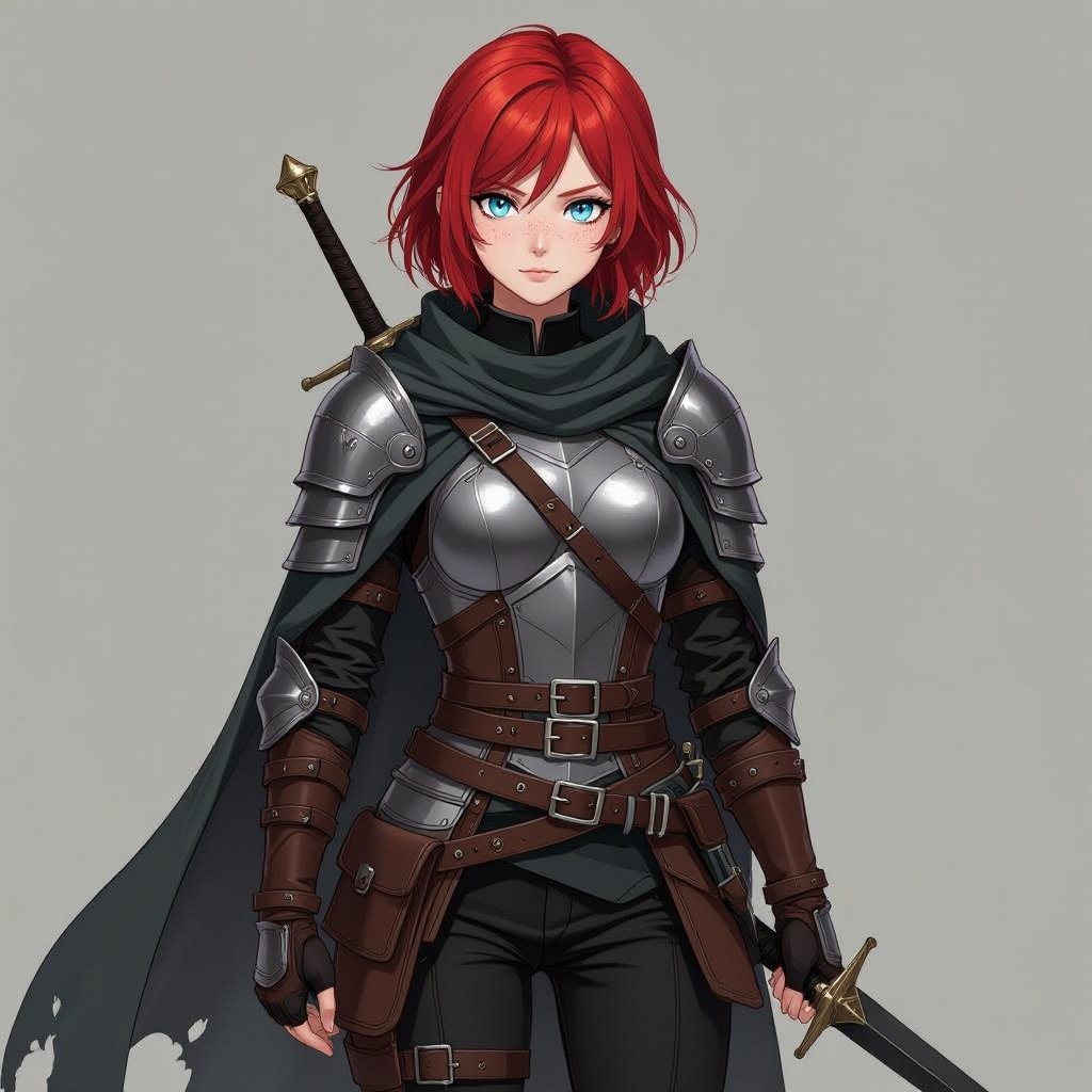 Portrait, female, human, knight, short red hair, leather armor, belts, black sword, light blue eyes, freckles, tattered cloak, black pants