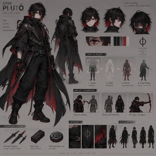 shadow assassin name code pluto the copy cat, copy and paste ability, black hair red on the inside