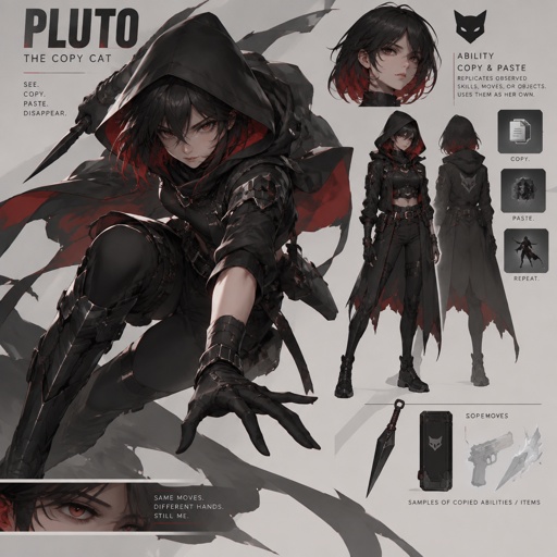 shadow assassin name code pluto the copy cat, copy and paste ability, black hair red on the inside