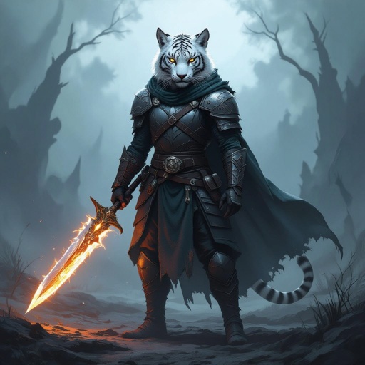 A leonin paladin oath of conquest with the fur pattern of a white tiger