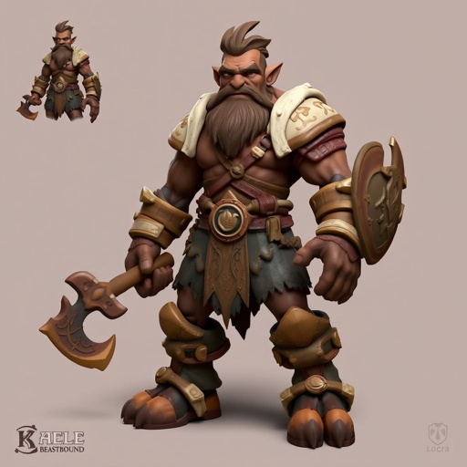 Create character hero Kael the Beastbound – A rugged, broad-shouldered man with dark brown skin and a rough beard, wearing armor made from bone and leather Show her whole body head to toe including her shoes.