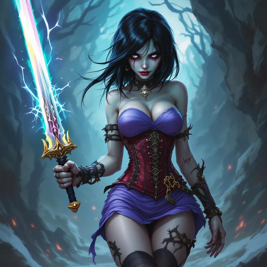 Peaceful Hollow One Zombie Girl shoulder length Black Hair with a Shock of White. She wears a Lavender strapless skin tight mini dress. With a dark red corset