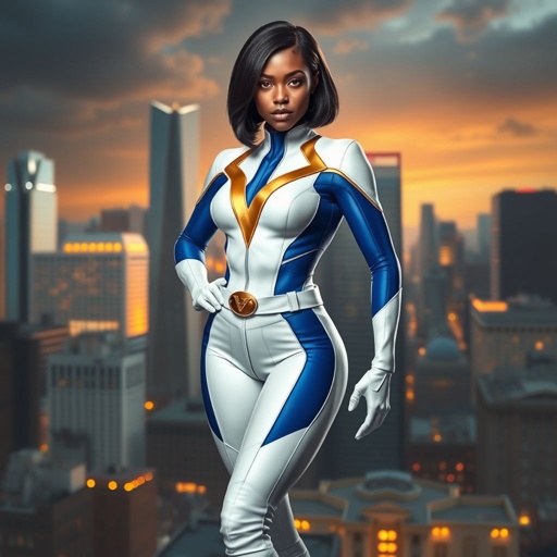 African American female superhero with hair  in a shoulder length side part hairstyle with pure Gold Glowing eyes wearing a white suit with gold and royal blue  with white pants and gold and white knee length boots with a utility belt with a gold V  as her chest emblem in Philadelphia 