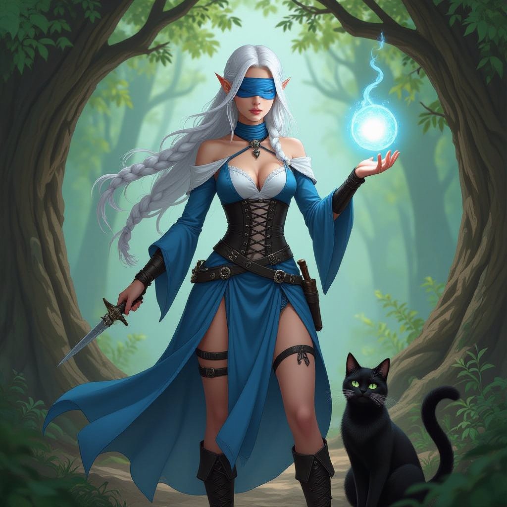 She is an Elvin wizard age 19. She is 5'6 and She has platinum hair that is long with some small braids with her hair flowing behind her .She had a blue blind fold covering her eyes. She has  long white scars on her face and neck. She is wearing a blue dress to match the blind fold. The dress has two leg slits and is a black corset she has flowy sleeves that cover her arms completely. Her left leg has a knife holder with a knife in it strapped to her leg. With her hand she is casting a small light ball. She has a large black cat by her feet. She is wearing boots to match the black corset. She is standing in the woods. The trees making an arch way behind her.