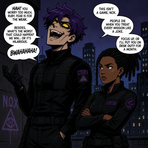 Anime style, Agent Ward a male, made in a secret lab to be best weapon and good at everything, highly skilled,be kept in check and have an emergency backup in case he gets out of control, Wards hair a messy bun hair color violet, is clean shaven, yellow night vision eyes, sharp teeth,has a dark power energy from experiments,best agent, in late 20s, tired, tall, eyes sensitive to light, easily migraines, likes making jokes, mischievous and dangerous,grins, hates being told what to do, intimidating, laugh like a maniac cares about his partner ruby rose she's dark skin serious plays by the rules and firm but nice to ward them standing together ruby arguing to wards “stop being so intimidating you’re going to give are suspect a hart attack!” Ward says “what I’m just making the job go faster he’s fun and was very helpful “ he proceeds to laugh ruby says under her breath “this isn’t funny” as a comic 