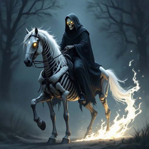 The grim reaper riding a Skelton horse with white flame shadow behind them both in a dark scary background the horse has glowing eyes 