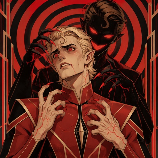 Male, blonde greased brushed back hair, neck length hair, curl on forehead, red streak in hair, slim, scar on lip, red and black spiral eyes no whites, superhero with chaos powers, cool outfit red no cape, pointy ears, pointy fingers with red tips, red veins, nervous, sweating, another version of him that’s completely black except the eyes and mouth smiling trying to manipulate him, spiral background