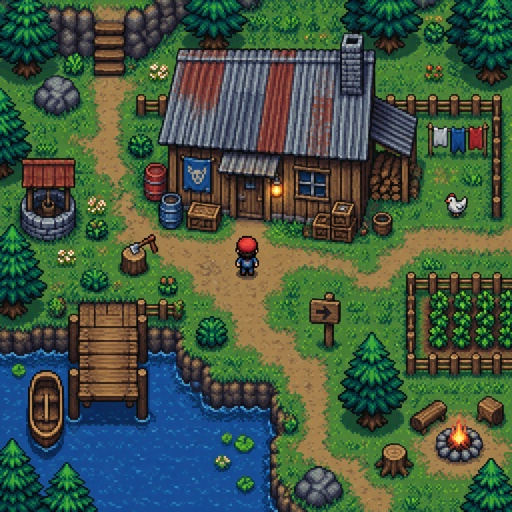 Rugged house with slanted metal roof for a modern fantasy game, top down style, shading and highlights, items