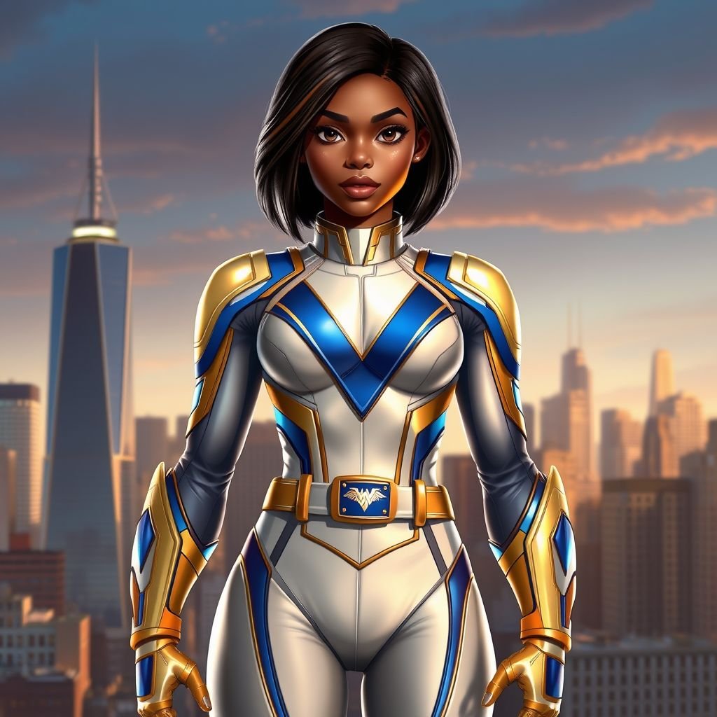 A teenage African American female superhero with hair in a shoulder length side part style  wearing a slightly armored white and Gold suit with blue accents and a stylized V as her chest emblem a utility belt and gold boots standing in Philadelphia  