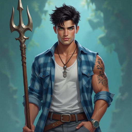 A 20 year old guy with short black hair a tousled top , sea green eyes, a Mediterranean complexion, with a lean muscular build wearing a blue plaid shirt, white undershirt, grey shorts with blue converse shoes and a trident tattoo on his right forearm, wearing a dog tag necklace