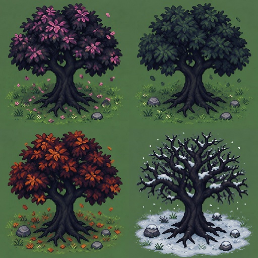 Shadow Tree almost black trunk and leaves that subtly move even without wind for a fantasy game set in modern times, in all the seasons, top down style,