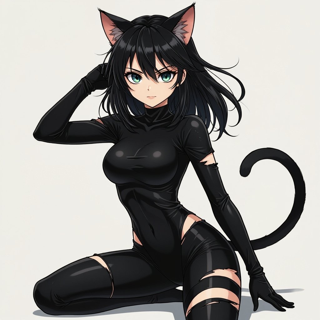 Cat Burglar In tight black spandex suit torn and ripped