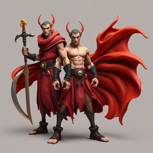 Create handsome hero Rhen the Fire – A lean, muscular man. He wears layered, flowing desert robes dyed in warm reds and golds, with scorch marks where flames have licked them. A curved blade hangs at his hip. Show whole body head to toe including her shoes.