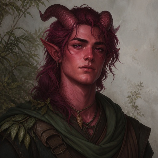 Non binary Tiefling-Druid, red-pink-ish skin, purple-red hair, pink eyes, about 1,85 m high, with (dark) green clothing 