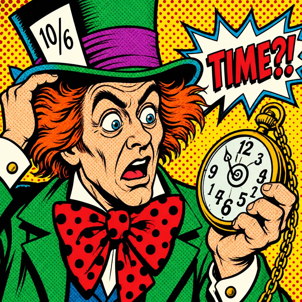 The mad hatter is checking his pocket watch that is going crazy