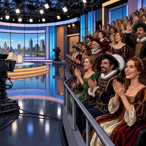 a group of people sitting in front of a camera