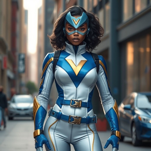 A teenage African American female superhero wearing a domino style mask with slightly curly hair in a shoulder length side part style wearing a polyester and cloth white and blue suit with gold accents a skin tight collar blue pants and a stylized V as her chest emblem a utility belt and blue boot heel less