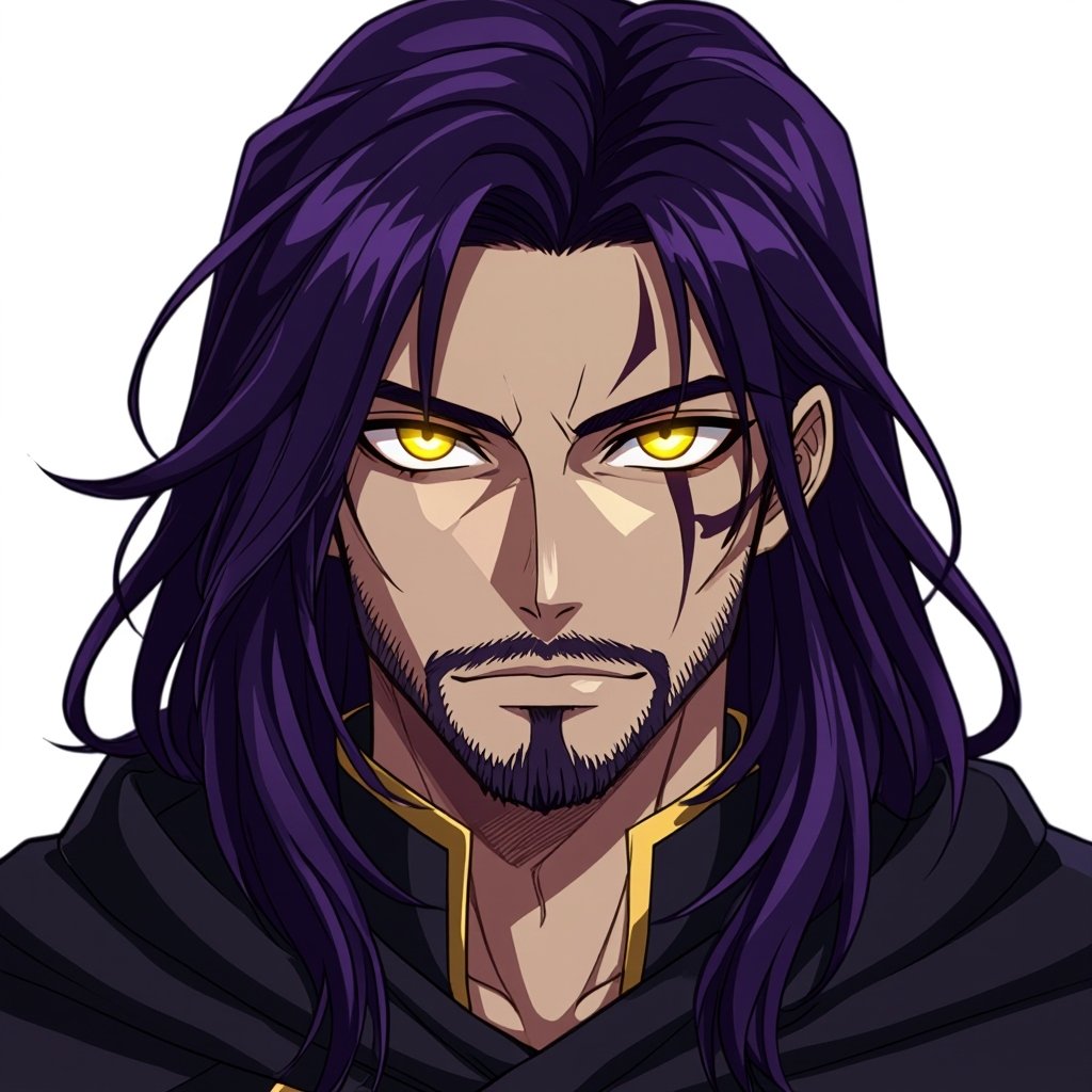 A long dark purple haired 20 year old who has a stubble beard with yellow glowing eyes and Egyptian art on his face big strong guy with a dark cloak over himself 