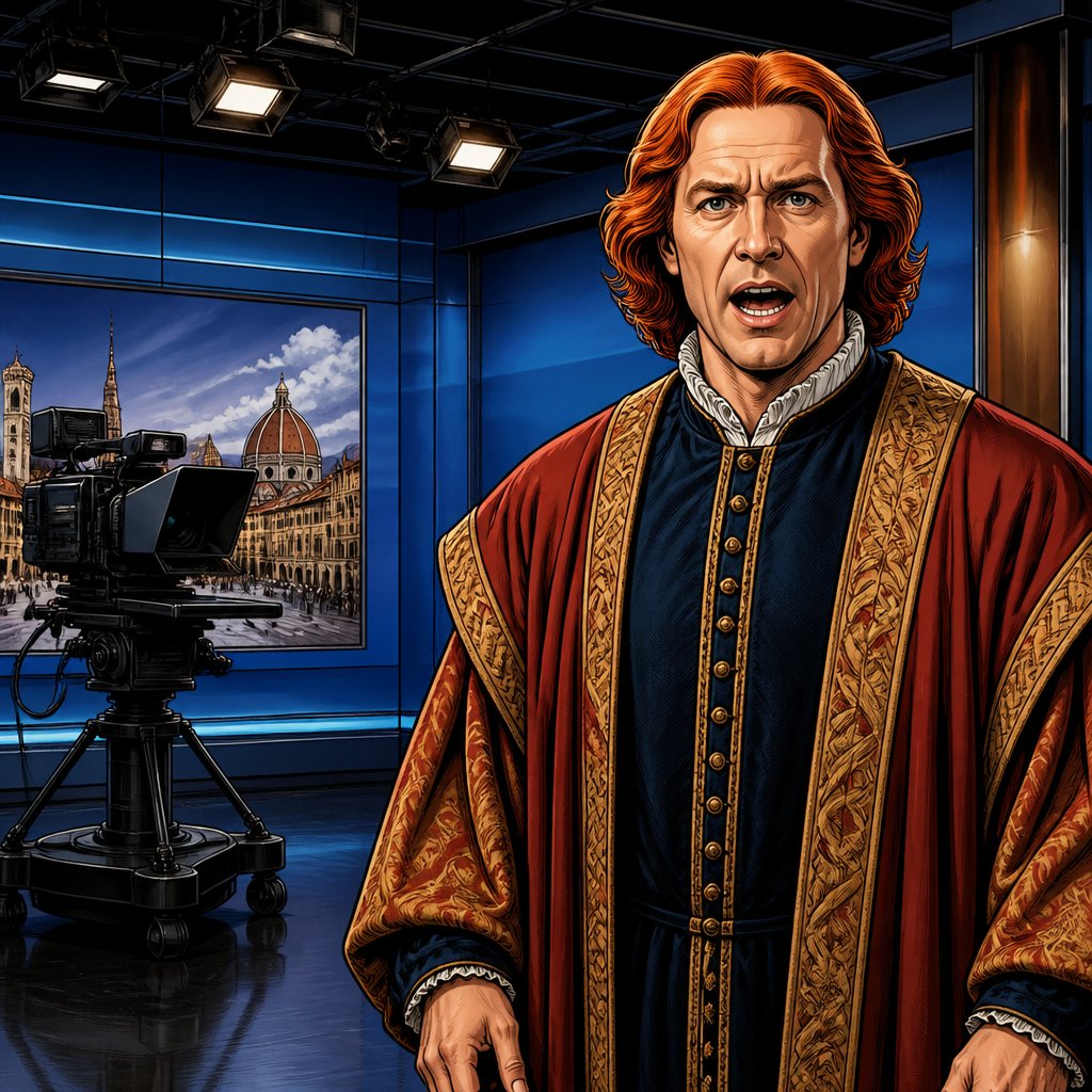 Highly realistic, vivid colours no print dots no speech bubble the interior of a TV studio with blue walls on the right is in an announcer with a red hair, dressed in renaissance robes. His mouth is open as he is speaking but his arms are at his sides. He looks directly at us.