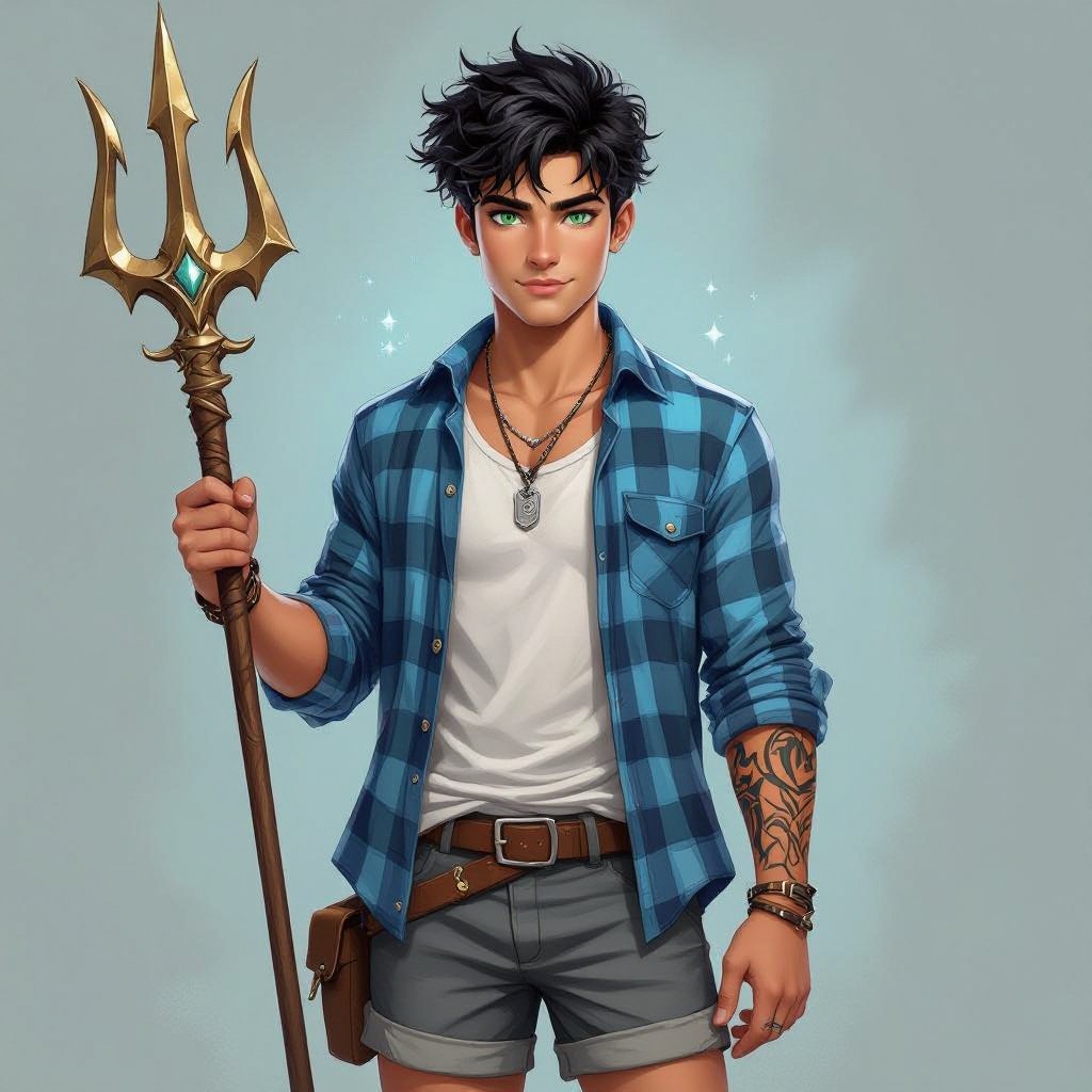 A 20 year old guy with short messy black hair styled in a temple fade flow haircut, sea green eyes, a Mediterranean complexion, with a lean muscular build wearing a blue plaid shirt, white undershirt, grey shorts with blue converse shoes and a trident tattoo on his right forearm, wearing a dog tag necklace