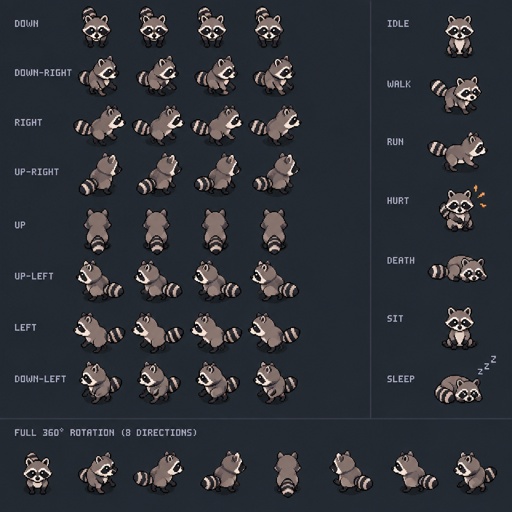 Raccoons for a fantasy game set in modern times, top-down style, 360