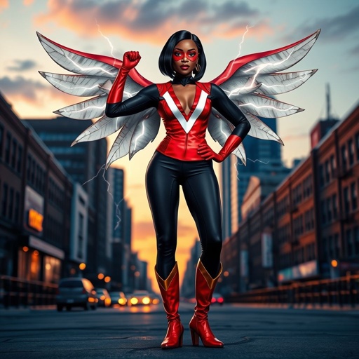 African American female superhero with shoulder length hair in a side part style and wings made of white lightning wearing a slightly homemade  white red and black suit with black pants with a stylized V as her chest emblem wearing red flat boots made of gold standing in Philadelphia at dusk