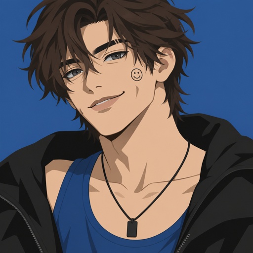 Male, neck length dark brown messy hair, smiley face on cheek, dimples, grey eyes, eyebrow slit, blue tank top, black jacket, black necklace