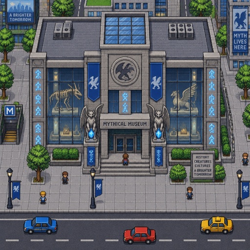 Old Mythical museum for a fantasy game set in modern times, exterior, top-down style,