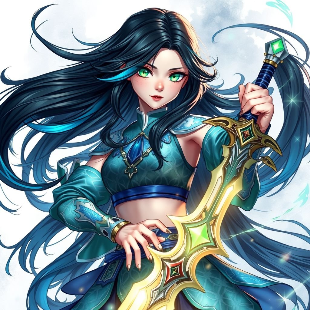 A mildly pale teenage girl. Godly two-piece clothing, glowing emerald eyes, hair as black as coal with cyan tips weighed down by a legendary sword in a striking position