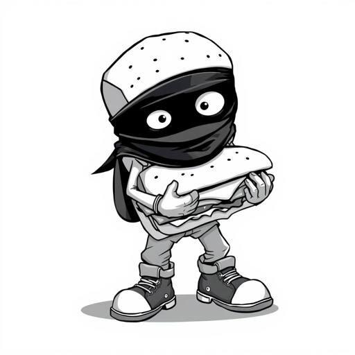 Create a funny looking clumsy sandwhich thief with funny shoes on. Make him have on the bandit black thing around his eyes 