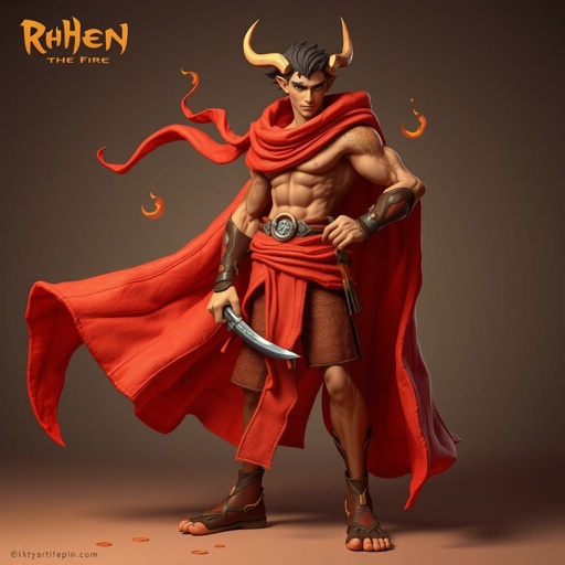 Create handsome hero Rhen the Fire – A lean, muscular man. He wears layered, flowing desert robes dyed in warm reds and golds, with scorch marks where flames have licked them. A curved blade hangs at his hip. Show whole body head to toe including her shoes.