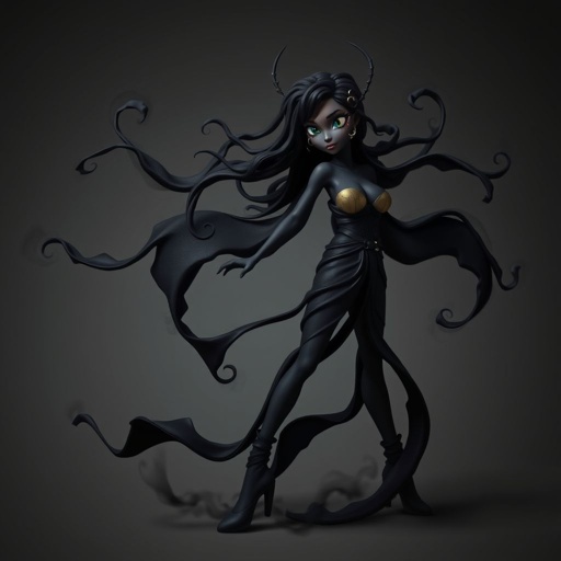 Create character hero Veyra of Shadows – A lithe, mysterious black decent woman draped in layered black silks that move like smoke around her. With jet-black hair. Show her whole body head to toe including her shoes.