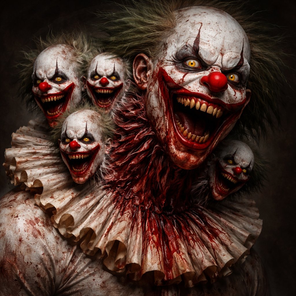 Clown face monsters coming out the side of his neck