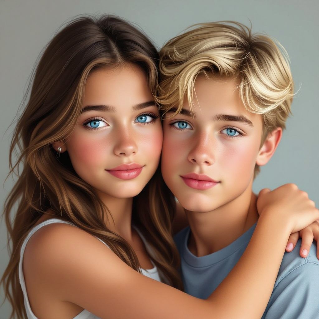 brown hair girl with blue eyes age 14 hugging a blonde boy with blue eyes age 15