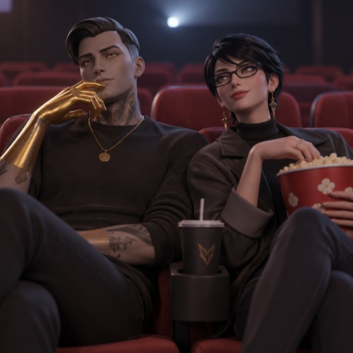 Midas from Fortnite and Bayonetta from super smash bros with short hair in a movie theater , both wearing casual clothing 