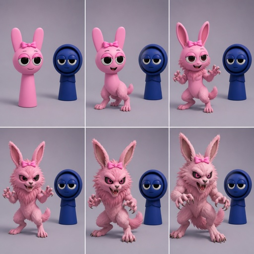 Pinki from sprunki starting to turn into her kind Wererabbit self in front of Jevin from sprunki with her legs and tail transforming and then her arms and then her ears and her neck gets fluffy and then she’s fully transformed with her eyes being black and pink